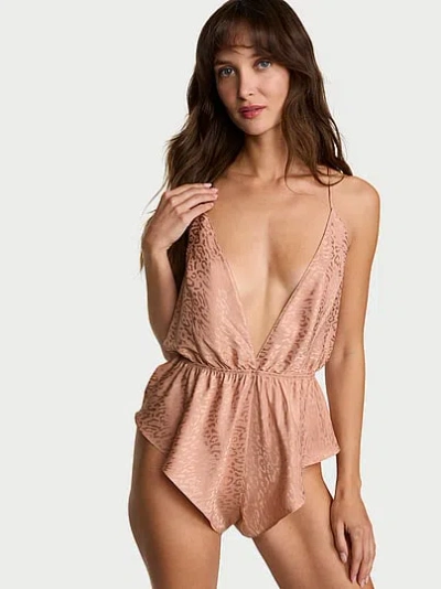 Victoria's Secret Leopard Jacquard Satin Flutter Romper In Neutral