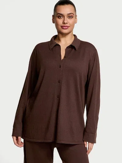 Victoria's Secret Luxe Crème Knit Button-up Shirt In Brown