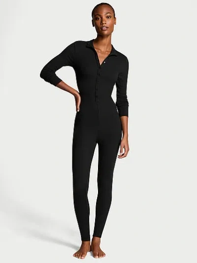 Victoria's Secret Luxe Ribbed Modal Long-sleeve Jumpsuit In Black