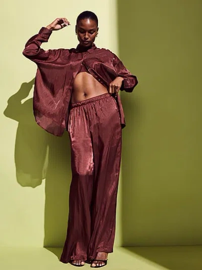 Victoria's Secret Luxe Sheer Satin Button-front Shirt In Brown