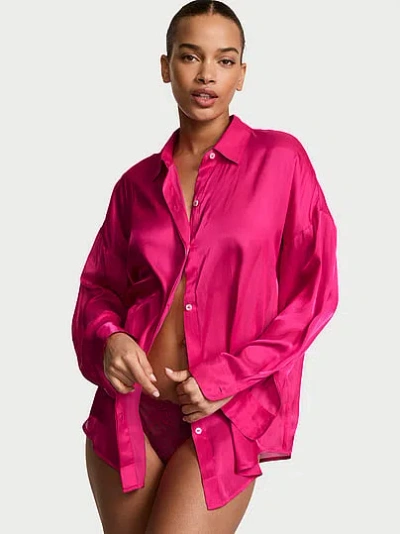 Victoria's Secret Luxe Sheer Satin Button-front Shirt In Pink