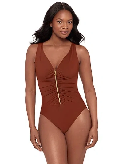 Victoria's Secret Miraclesuit Zipt One-piece Swimsuit In Brown