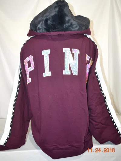 Pre-owned Victoria's Secret Victorias Secret Pink Bling Slouchy Faux Fur Full Zip Hoodie Sweatshirt Xl In Purple