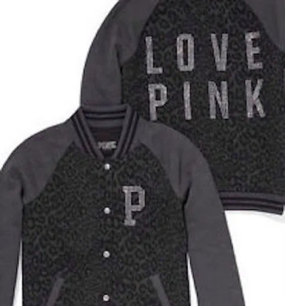Pre-owned Victoria's Secret Victorias Secret Pink Bomber Varsity Jacket Coat Rhinestone Leopard Bling M