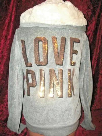 Pre-owned Victoria's Secret Victorias Secret Pink Fashion Show Velour Sequins Bling Fur Hoodie Coat S In Gray