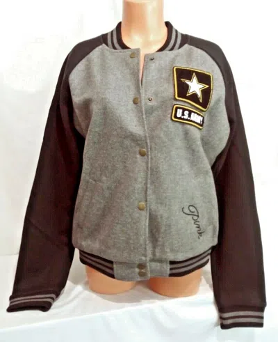 Pre-owned Victoria's Secret Victorias Secret Pink Graphic Us Army Bomber Varsity Jacket Coat S In Gray