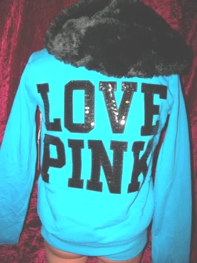 Pre-owned Victoria's Secret Victorias Secret Pink Lim Ed Fashion Show Sequins Bling Fur Hoodie Coat S In Blue