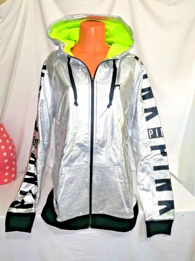 Pre-owned Victoria's Secret Victorias Secret Pink Metallic Bling Full Zip Lined Fashion Show Hoodie L In Silver