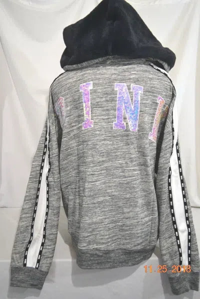 Pre-owned Victoria's Secret Victorias Secret Pink Sequin Bling Faux Fur Lined Hood Slouchy Hoodie Xl In Gray