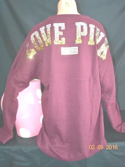 Pre-owned Victoria's Secret Victorias Secret Pink Sequins Bling Oversized Varsity Crew Sweatshirt L In Red