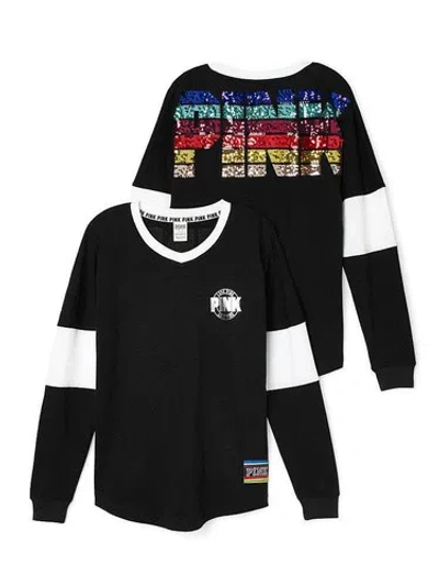 Pre-owned Victoria's Secret Victorias Secret Pink Sequins Bling Rainbow Retro Varsity Crew Sweatshirt M In Black