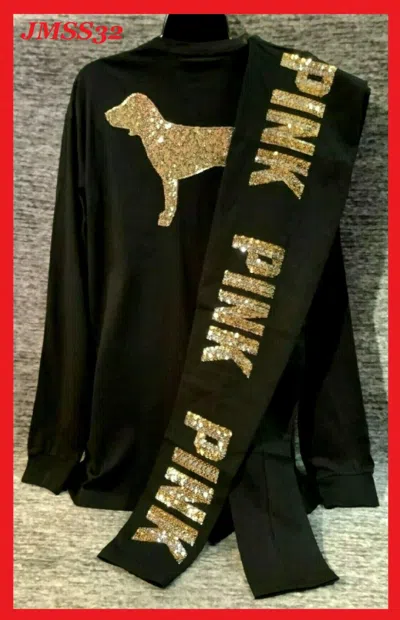 Pre-owned Victoria's Secret Pink Bling Campus Tee Shirt + Leggings Set Black Dog Logo M