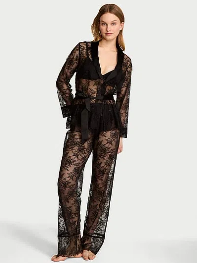 Victoria's Secret Rose Lace Long Pajama Set In Black