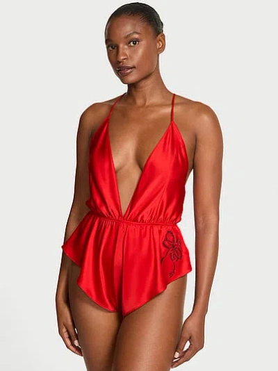 Victoria's Secret Satin Sparkle Bow Flutter Romper In Red