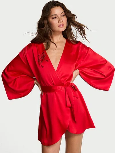 Victoria's Secret Satin Sparkle Bow Short Robe In Red
