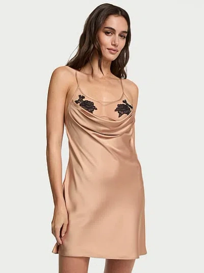 Victoria's Secret Sheer Rose Satin Draped Mini Slip In Brown
