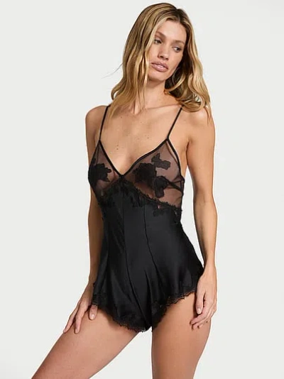 Victoria's Secret Sheer Rose Satin Romper In Black