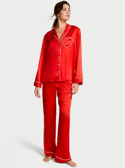 Victoria's Secret Signature Satin Heart Long Pajama Set In Red