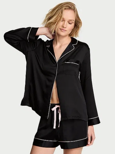 Victoria's Secret Signature Satin Long-sleeve Short Pajama Set In Black