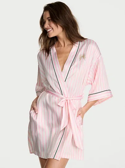 Victoria's Secret Signature Satin Short Piped Robe In Pink