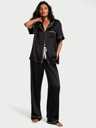 Victoria's Secret Signature Satin Short-sleeve Long Pajama Set In Black