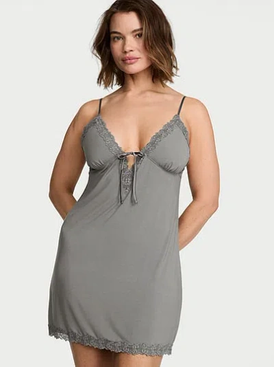 Victoria's Secret Sosoft™ Modal Lace-trim Tie-front Slip Dress In Gray