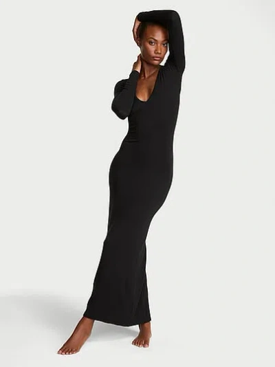 Victoria's Secret Sosoft™ Modal Ribbed Deep-v Long-sleeve Maxi Dress In Black