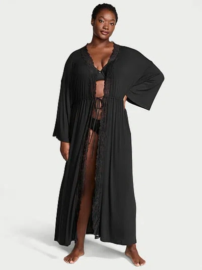 Victoria's Secret Sosoft™ Modal Ribbed Lace-trim Long Robe In Black