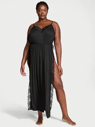 Victoria's Secret Sosoft™ Modal Ribbed Lace-trim Long Slip Dress In Black