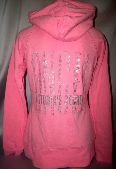 Pre-owned Victoria's Secret Victorias Secret Supermodel Angel Rhinestone Bling Zip Hoodie Xs In Pink
