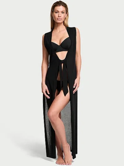 Victoria's Secret Swim Beachwear Knit Tie-front Maxi Cover-up In Black