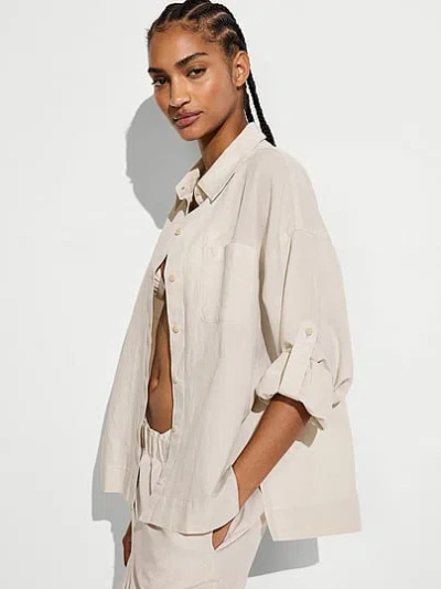 Victoria's Secret Swim Beachwear Linen Boxy Long-sleeve Shirt In Neutral