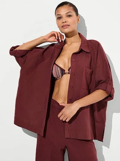 Victoria's Secret Swim Beachwear Linen Boxy Long-sleeve Shirt In Brown