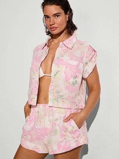 Victoria's Secret Swim Beachwear Linen Boxy Short-sleeve Top In Brown
