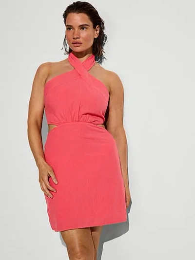 Victoria's Secret Swim Beachwear Linen Halter Tie-back Mini Dress In Pink