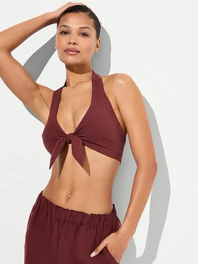 Victoria's Secret Swim Beachwear Linen Tie-front Halter Top In Brown