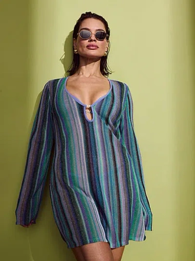 Victoria's Secret Swim Beachwear Shimmer Knit Long-sleeve Mini Dress In Blue