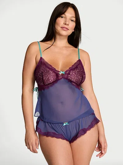 Victoria's Secret Tease Chiffon Lace-trim Cami Set In Blue