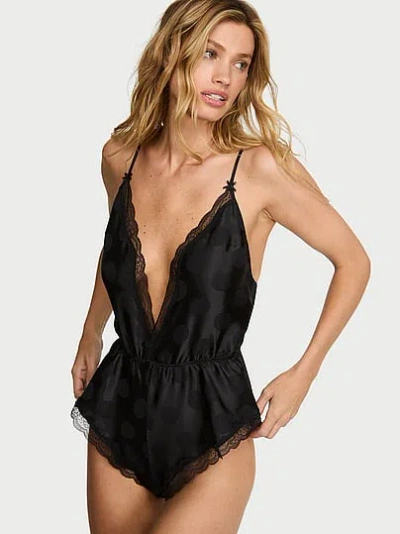 Victoria's Secret Tease Dot Satin Lace-trim Flutter Romper In Black