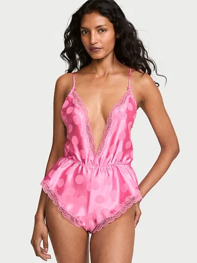 Victoria's Secret Tease Dot Satin Lace-trim Flutter Romper In Pink