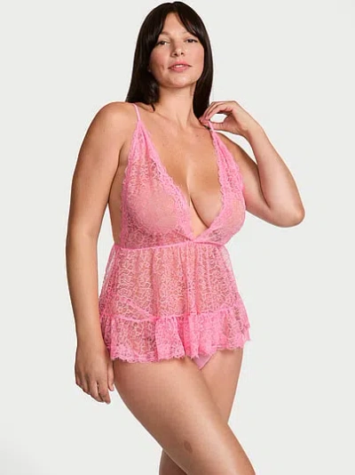 Victoria's Secret Tease Lace Plunge Babydoll Set In Pink
