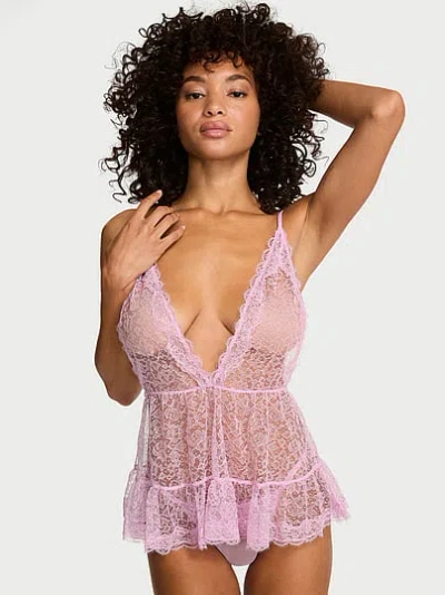 Victoria's Secret Tease Lace Plunge Babydoll Set In Purple
