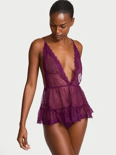 Victoria's Secret Tease Lace Plunge Babydoll Set In Purple