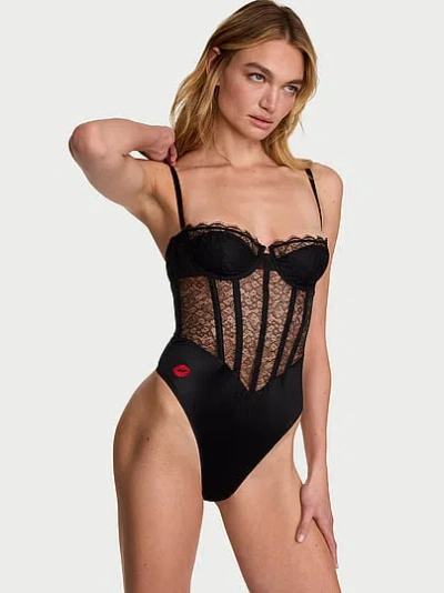 Victoria's Secret Tease Lace Strapless Corset Bodysuit In Black