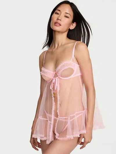 Victoria's Secret Tease Open-cup Ruffled Babydoll Set In Pink