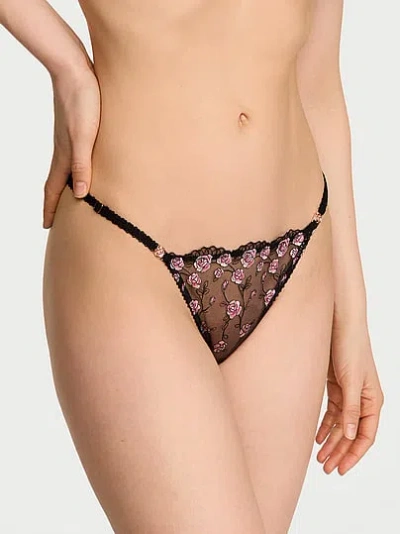 Victoria's Secret Tease Rose Embroidery Adjustable Thong Panty In Black