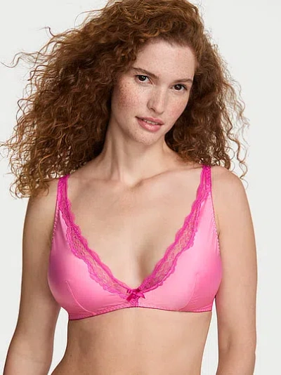 Victoria's Secret Tease Satin Lace-trim Wireless Plunge Bra In Pink