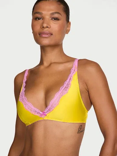 Victoria's Secret Tease Satin Lace-trim Wireless Plunge Bra In Yellow