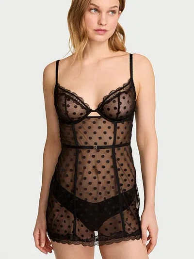 Victoria's Secret Tease Sheer Dot Cupped Mini Slip In Black