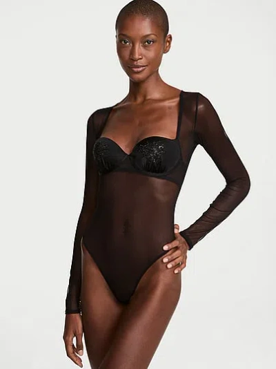 Victoria's Secret Tease Spider Embroidery Push-up Long-sleeve Bodysuit In Black